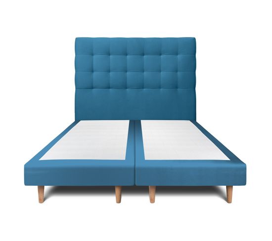 Lit 180x200cm Avec Tête De Lit Capitonnee Velours Et Double Sommier Tapissier Bleu Hauteur Totale :