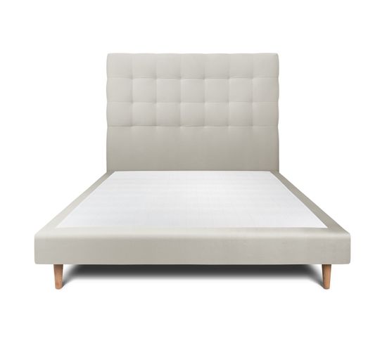 Lit 140x190cm Avec Tête De Lit Capitonnee Velours Et Sommier Tapissier Taupe