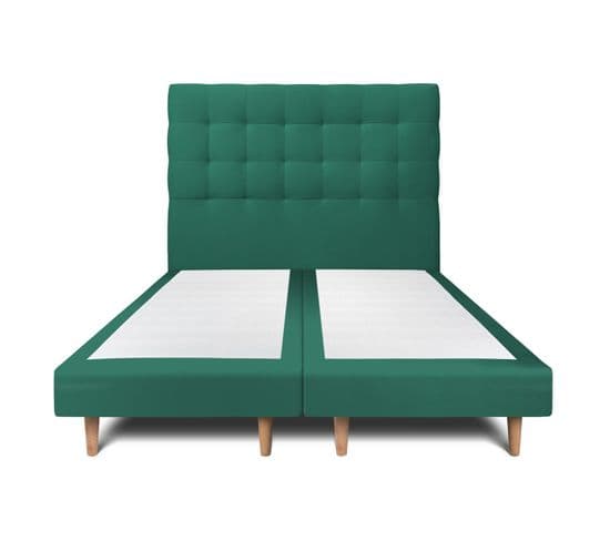 Lit 200x200cm Avec Tête De Lit Capitonnee Velours Et Double Sommier Tapissier Vert