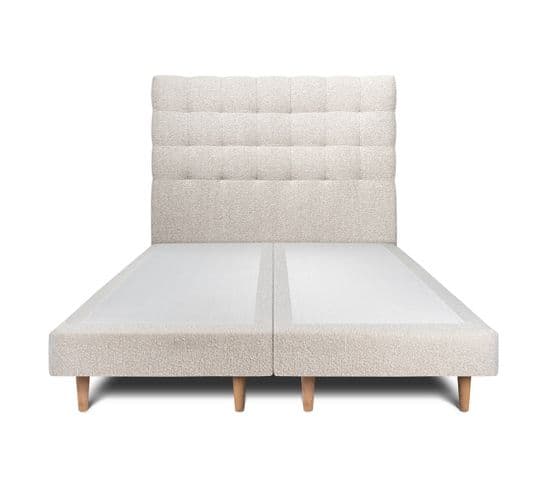 Lit 160x200cm Avec Tête De Lit Capitonnee Bouclette Et Double Sommier Tapissier Beige