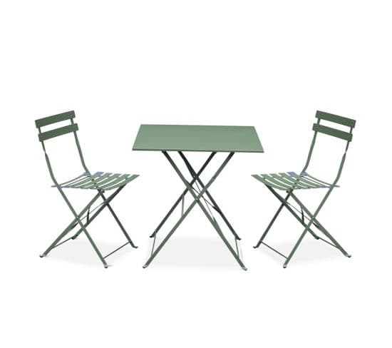 Salon De Jardin Bistrot Pliable - Emilia Carré Vert De Gris - Table 70x70cm Avec Deux Chaises