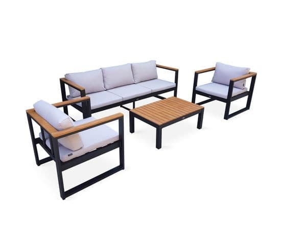 Salon De Jardin 5 Places En Aluminium Et Eucalyptus – Nazca – Structure Noire. Coussins Beige