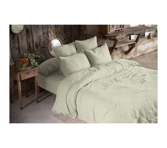 Pack Double Gaze De Coton Housse De Couette 260 X 240 Cm + 2 Taies D'oreiller 50 X 70 Vert Vert