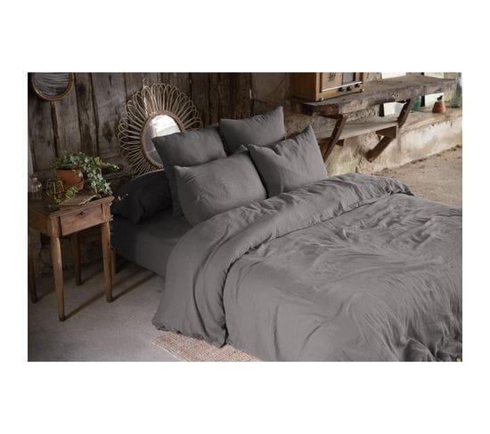 Pack Double Gaze De Coton Housse De Couette 240 X 220 Cm + 2 Taies D'oreiller 50 X 70 Anthracite