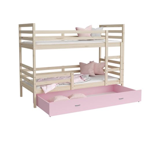 Lit Superposé Milo 90x190 Pin - Rose Livré Avec Sommiers, Tiroir Et Matelas En Mousse De 7cm