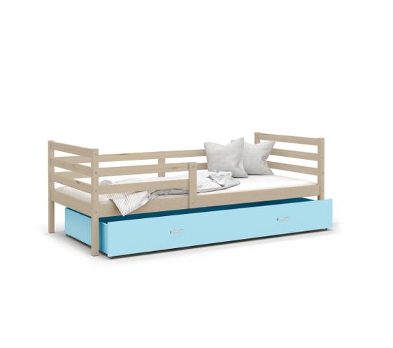 Lit Enfant Milo 90x190 Pin - Bleu Livré Avec Sommiers, Tiroir Et Matelas En Mousse De 7cm