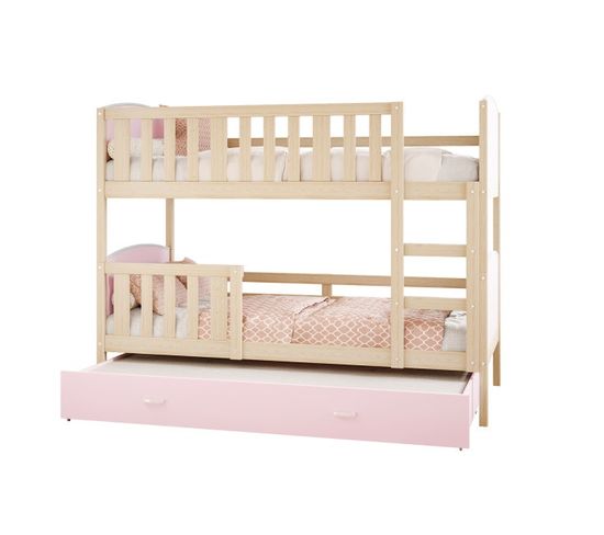 Lit Superposé Tomy 90x190 Pin Pin - Rose Livré Avec Sommiers, Tiroir Et Matelas En Mousse De 7cm