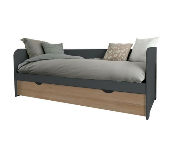 Pack Lit Gigogne Avec 2 Matelas Java   Gris Et Bois 80x200 Cm