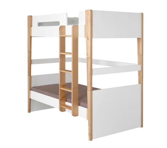 Pack Lit Superposé Avec Matelas Romy   Blanc Et Bois 90x190 Cm