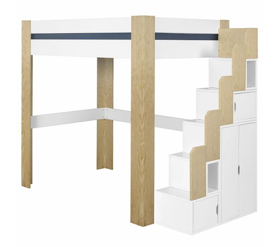 Pack Lit Mezzanine 2 Places Avec Escalier, Bureau Et Matelas Alex   Blanc Et Bois 140x190 Cm