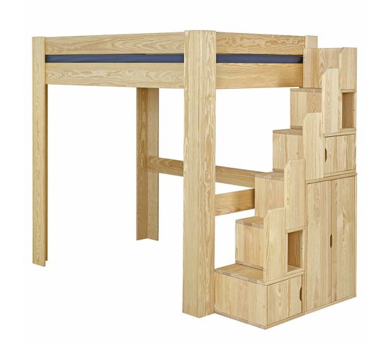 Pack Lit Mezzanine 2 Places Avec Escalier, Bureau Et Matelas Alex   Bois Naturel 140x190 Cm