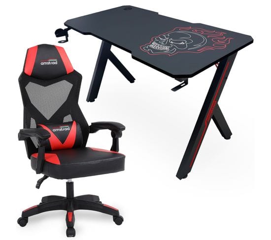 Pack Bureau Desk120z-skred Et Fauteuil 309-bk - 1m20 - Design Carbone Et Logo "tête De Mort" Rouge