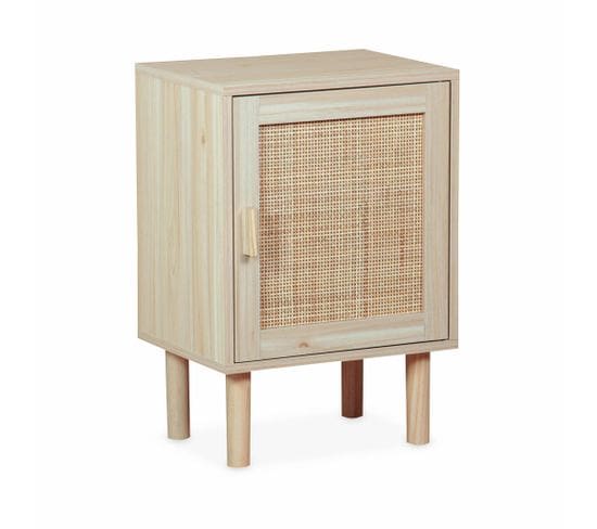 Table De Chevet En Cannage Et Décor Bois - Camargue - 40x30x58cm - 2 Niveaux - 1 Porte - Pieds