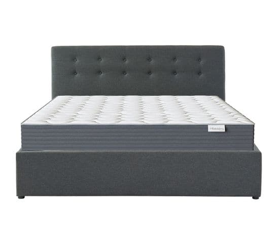 Ensemble Lit Coffre 160x200 En Tissu Gris + Matelas Memo Hr + Tête De Lit Et Sommier à Lattes - Tina