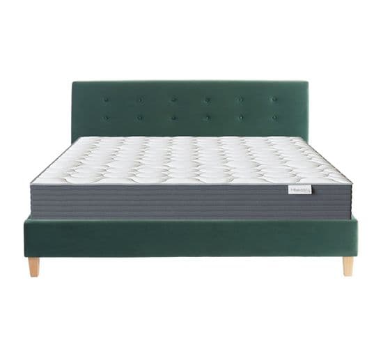 Ensemble Lit 160x200cm + Matelas Memo Hr + Tête De Lit En Velours Vert - Sommier à Lattes - Milo