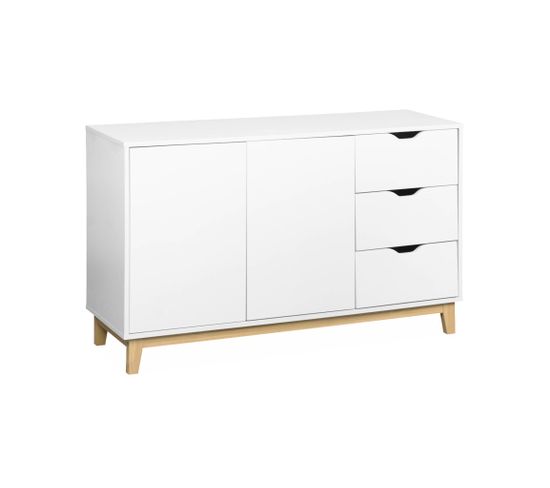 Buffet De Rangement Blanc. Pieds Bois - Floki - Avec 3 Tiroirs. Buffet 2 Portes. 120x40x75 Cm