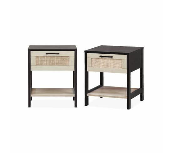 Lot De 2 Tables De Chevet. Noir Et Cannage 40 X 40 X 48cm - Bianca - 1 Tiroir. 1 Étagère