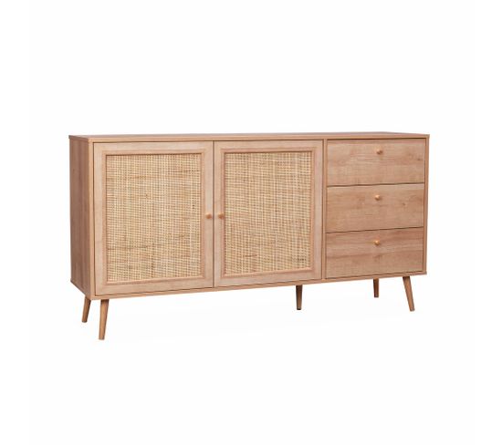 Buffet De Rangement Naturel En Cannage 2 Portes 3 Tiroirs  L150 X L39 X H79cm - Bohème