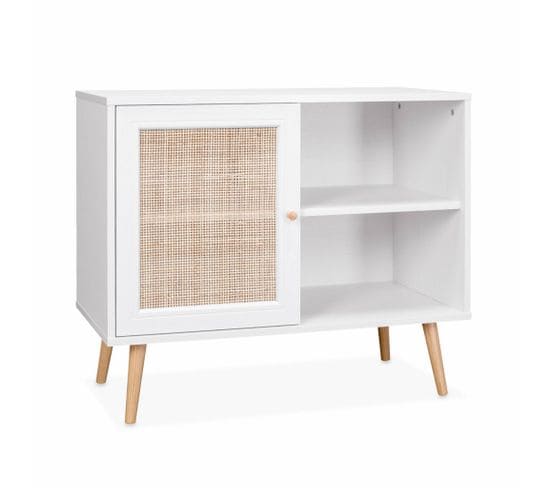 Meuble De Rangement En Cannage 80x39x65.8cm  Bohème - Blanc -  2 Niveaux - 1 Porte -  Pieds