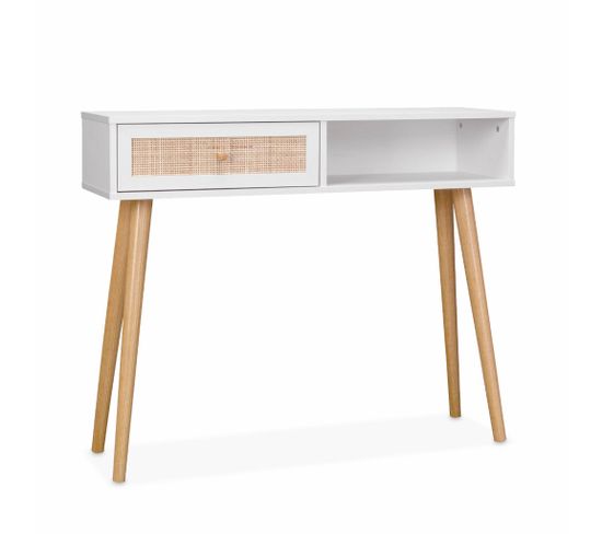 Console En Cannage 100x29x81cm  -  Bohème -  Blanc. 1 Tiroir.1 Espace De Rangement. Pieds