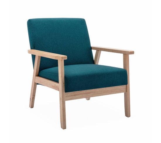 Fauteuil Scandinave En Bois Et Tissu Bleu Pétrole. Isak. L 64 X P 69.5 X H 73cm