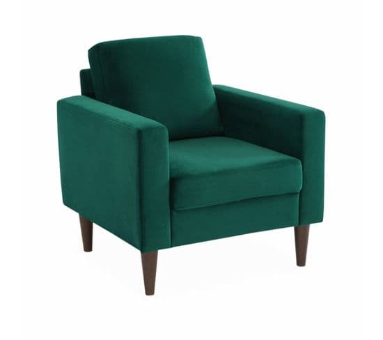 Fauteuil Scandinave En Velours Vert Anglais - Bjorn - Canapé 1 Place Fixe Droit Pieds Bois D'hévéa