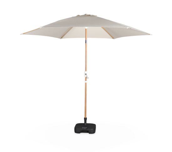 Parasol Droit Rond Sable Ø293cm Mât Central En Aluminium Imitation Bois. Orientable Et Manivelle