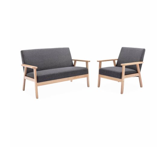 Banquette Et Fauteuil En Bois Et Tissu Gris Foncé. Isak. L 114 X L 69.5 X H 73cm