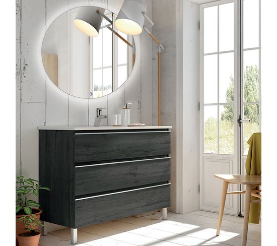 Meuble De Salle De Bain Simple Vasque - Palma Et Miroir Rond LED Solen - Ebony (bois Noir) - 80cm