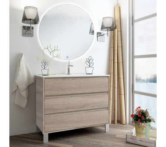 Meuble De Salle De Bain Simple Vasque - Tiris 3c Et Miroir Rond LED Solen - Cambrian (chêne) - 80cm