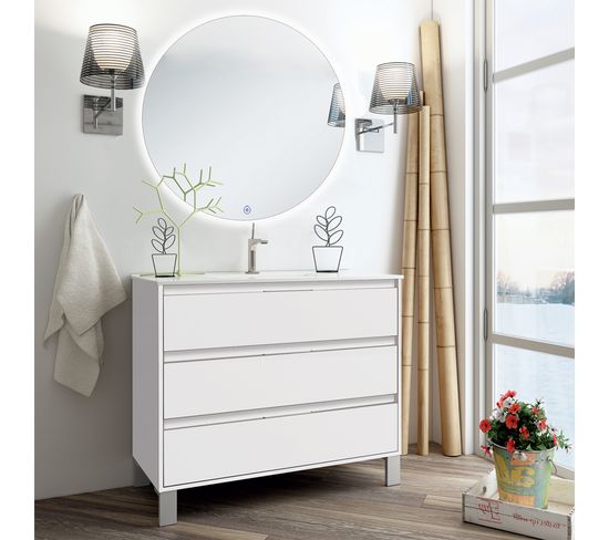 Meuble De Salle De Bain Simple Vasque - Tiris 3c Et Miroir Rond LED Solen - Blanc - 80cm