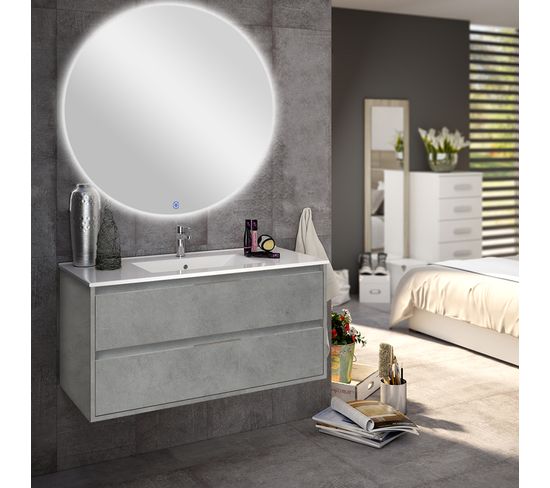 Meuble De Salle De Bain Simple Vasque - Iris Et Miroir Rond LED Solen - Ciment (gris) - 80cm