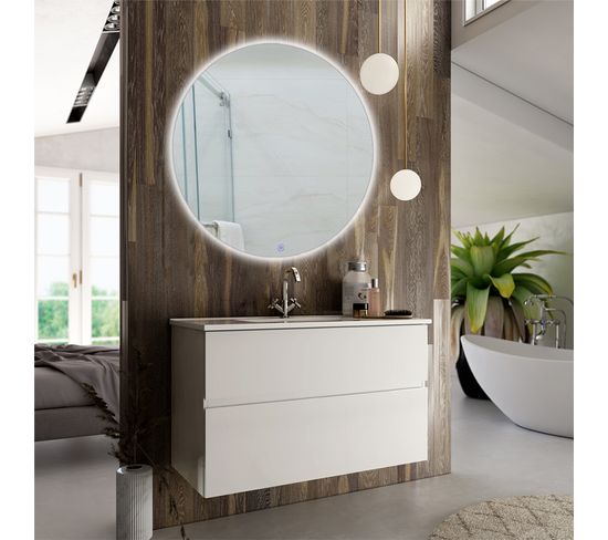 Meuble De Salle De Bain Simple Vasque - Mig Et Miroir Rond LED Solen - Blanc - 80cm