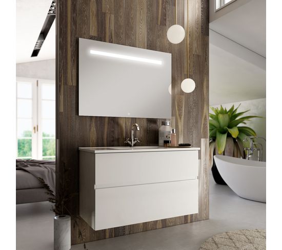 Meuble De Salle De Bain Simple Vasque - Mig Et Miroir LED Stam - Blanc - 100cm