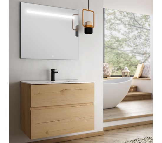 Meuble De Salle De Bain Simple Vasque - Mig Et Miroir LED Stam - Roble (chêne Clair) - 60cm