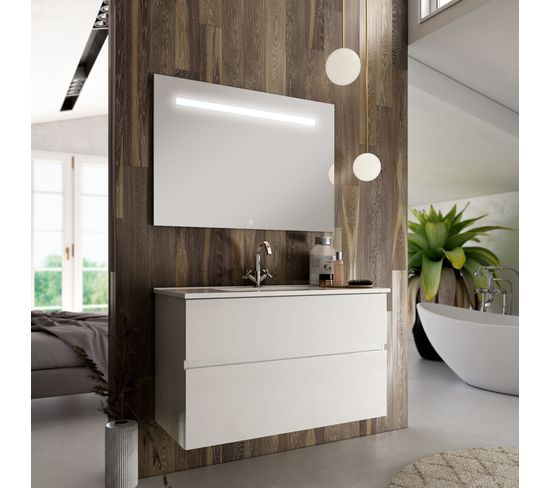 Meuble De Salle De Bain Simple Vasque - Mig Et Miroir LED Stam - Blanc - 60cm