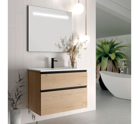 Meuble De Salle De Bain Simple Vasque - Crema Et Miroir LED Stam - 80cm