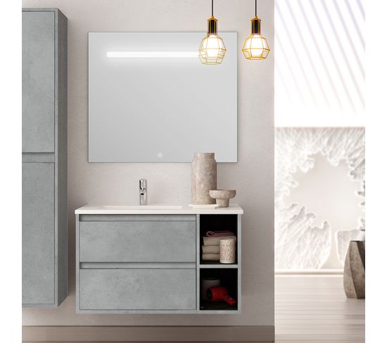 Meuble De Salle De Bain Vasque Déportée - Olympe Et Miroir LED Stam - Ciment (gris) - 80cm