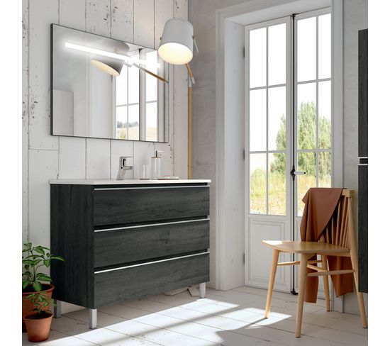 Meuble De Salle De Bain Simple Vasque - Palma Et Miroir LED Stam - Ebony (bois Noir) - 60cm