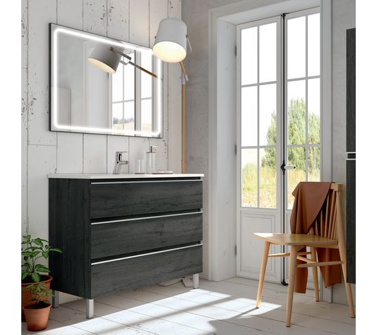 Meuble De Salle De Bain Simple Vasque - Palma Et Miroir LED Veldi - Ebony (bois Noir) - 80cm