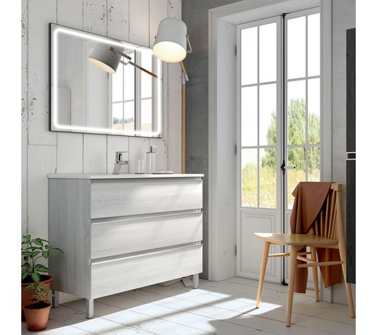 Meuble De Salle De Bain Simple Vasque - Palma Et Miroir LED Veldi - Hibernian (bois Blanchi) - 60cm