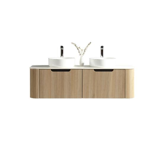 Meuble Double Vasque Rond Blanc Brillant 140 Cm Chêne Clair Aquagiro