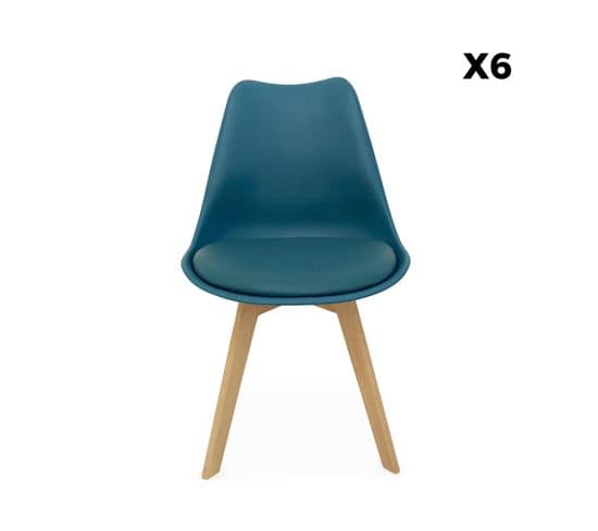 Lot De 6 Chaises Scandinaves. Pieds Bois De Hêtre. Chaises 1 Place. Bleu Canard