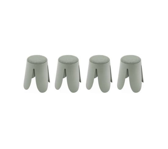 Set De 4 Tabourets Empilables Verts Céladon. Bouclette Texturée. Niki. Ø30 / 44 X H46cm