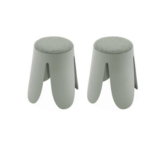 Set De 2 Tabourets Empilables Vert Céladon. Bouclette Texturée. Niki. Ø30 / 44 X H46cm