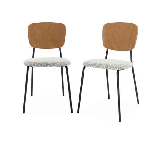 Lot De 2 Chaises Assise Bouclette Texturée Blanche. Dossier Bois De Peuplier Courbé. Pieds En Métal