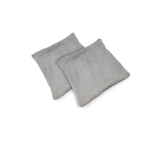 2 Coussins Gris Clair Garnis Fausse Fourrure Poils Longs 40x40cm - Laponie