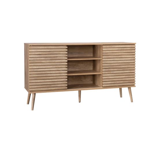 Buffet Scandinave Décor Bois Avec 2 Portes Coulissantes Rainurées Et 4 Étagères L 140