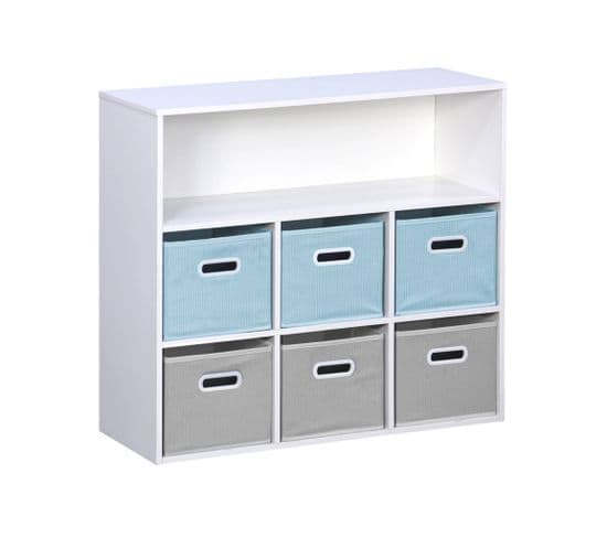 Meuble De Rangement Pour Enfant Avec 7 Compartiments Et 3 Paniers Bleus Et 3 Paniers Gris En