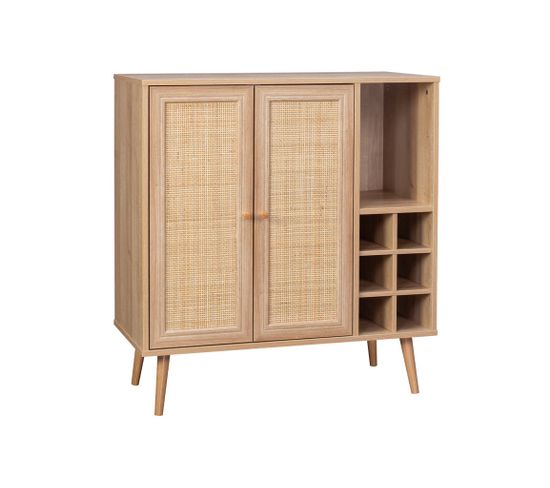 Buffet Range Bouteilles Portes En Cannage Et Décor Bois Avec Casiers 83cm